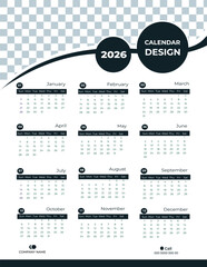 2026 calendar design template with twelve months and company information