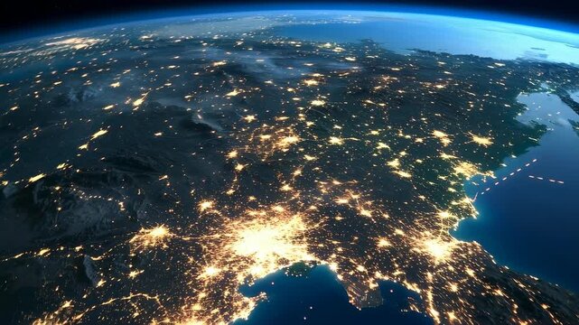 宇宙から見た夜の地球、光り輝く大都市圏の動画