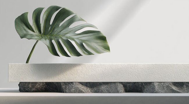 Single large monstera leaf resting on textured white stone slab and dark marble base in a minimalist sunlit still life, evoking a calm and serene atmosphere