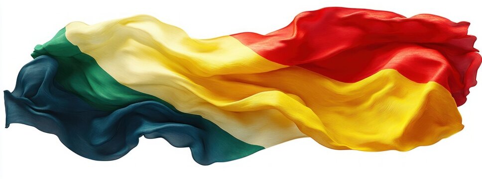 flowing multicolored silk fabric in teal green cream yellow and red with elegant wavy folds conveying vibrant motion and serene grace - Powered by Adobe