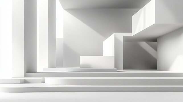 minimal white architectural interior with layered steps and platforms, geometric cuboid volumes, recessed alcove and overhangs, soft angular sunlight and serene contemplative mood - Powered by Adobe