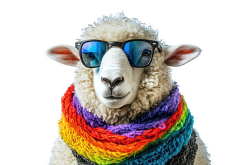 A stylish sheep wearing sunglasses and a rainbow scarf. posing confidently against a white background. a fun and playful vibe. ideal for creative projects and social media use