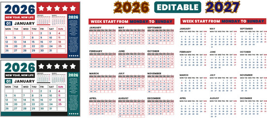 2026 and 2027 year editable vector English calendar design. Horizontal 26 and 27 year English calendar design monthly layout. 2026 to 2027 yearly calendar weekly layout from Monday to Sunday.