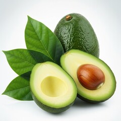 Fresh avocado with leaves isolated on white background, showcasing its creamy texture and rich color, a nutritious and delicious addition to any meal
