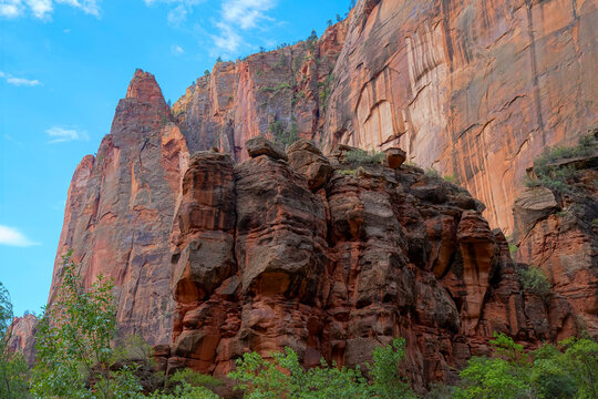 Towering sandstone walls and weathered rock formations create a bold desert landscape in Zion National Park, framed by bright blue sky and surrounding green vegetation. - Powered by Adobe