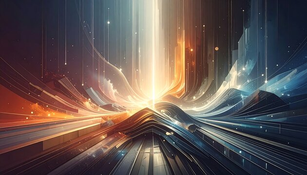 Abstract digital illustration showcasing a central light burst with radiating lines and a landscape-like formation in vibrant colors