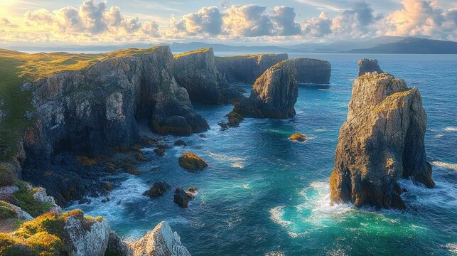 majestic sunlit rugged sea cliffs and rock stacks rising from turquoise ocean beside grassy headland under a dramatic cloud-filled sky