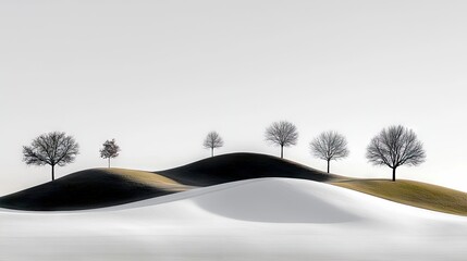 A serene winter landscape featuring bare trees scattered across undulating hills, with patches of snow and grass under a bright, overcast sky.