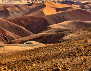 Aerial perspective of rolling sandy desert hills with varied earthy tones and a rocky foreground under the sun