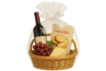 Gift basket offering red wine, cheese, crackers, grapes, and snacks, wrapped for celebrations