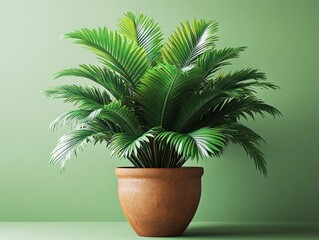 Obraz premium Lush potted tropical palm with vibrant green fronds in a terracotta pot against a soft green wall, evoking calm and serene indoor freshness
