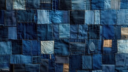 handstitched denim patchwork quilt of varied blue jean squares, pockets and seams evoking rustic nostalgic warmth