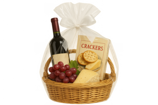 Gift basket offering red wine, cheese, crackers, grapes, and snacks, wrapped for celebrations