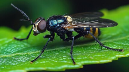 Fototapeta premium Macro close-up of a metallic blue-black hoverfly with yellow-banded abdomen perched on a textured green leaf, vivid detail and curious intensity