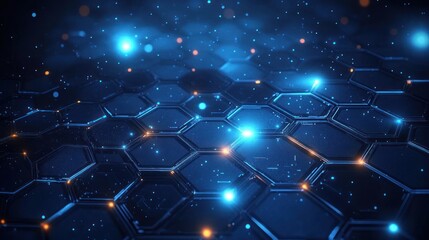 Glowing hexagonal honeycomb grid with blue light nodes, orange accents and floating particles, a futuristic high-tech digital network scene