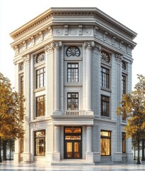 Obraz premium stately neoclassical corner building with tall columns, ornate stone facade, large arched windows, warm interior glow and autumn trees evoking elegance and timeless grandeur