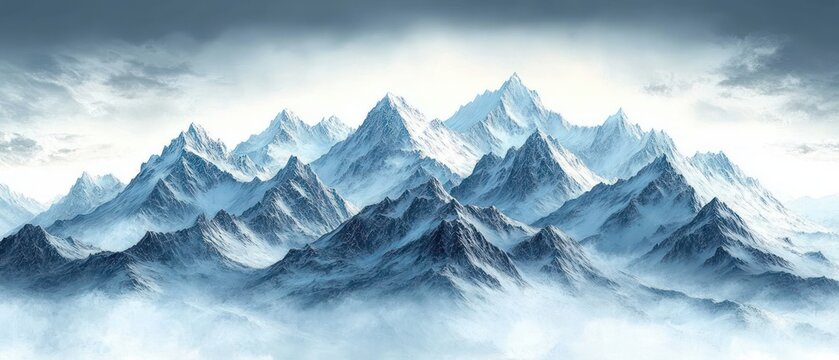majestic snow-covered mountain range shrouded in mist beneath a dramatic icy sky, evoking serene solitude and vast frozen grandeur