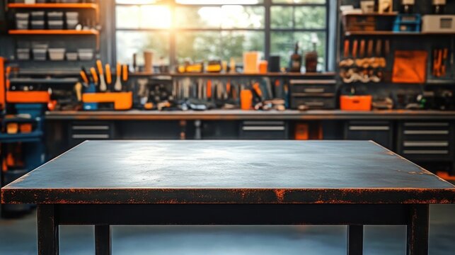 Empty metal workbench in a sunlit organized garage workshop with tools on shelves and pegboard, warm inviting industrious atmosphere