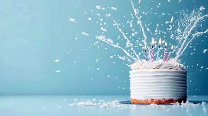 A white birthday cake with lit candles is covered in white frosting that is exploding upwards in a dynamic splash, set against a soft blue background.