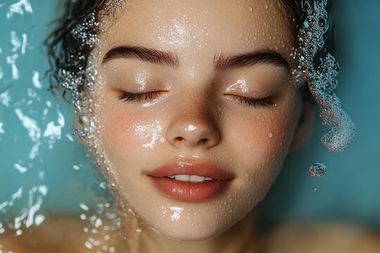 Curly hair and rising water bubbles against a turquoise pool background conveying calm and refreshing mood