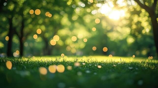 low-angle view of sunlit green grass with blurred trees and warm golden bokeh lights, a peaceful dreamy park scene - Powered by Adobe