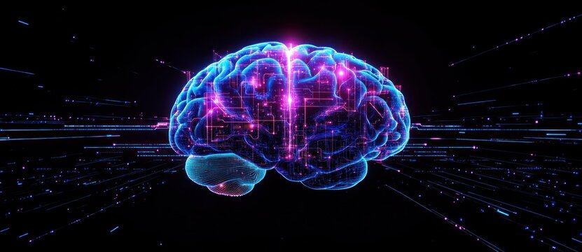 glowing neon holographic brain with illuminated neural circuits, streaming data trails and digital particles on a dark background evoking futuristic wonder - Powered by Adobe