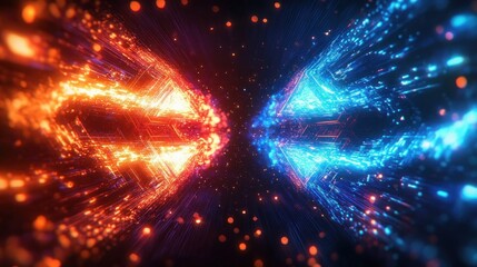 Mirrored blue and orange neon energy streams collide at the center, glowing particles and streaks creating a tense high-energy futuristic digital clash