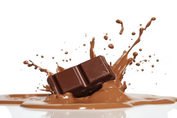 A rich. creamy chocolate bar splashes into a pool of melted chocolate. creating dynamic droplets and a visually appealing scene. perfect for dessert-related content