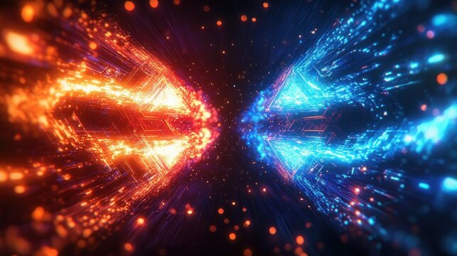 Mirrored blue and orange neon energy streams collide at the center, glowing particles and streaks creating a tense high-energy futuristic digital clash