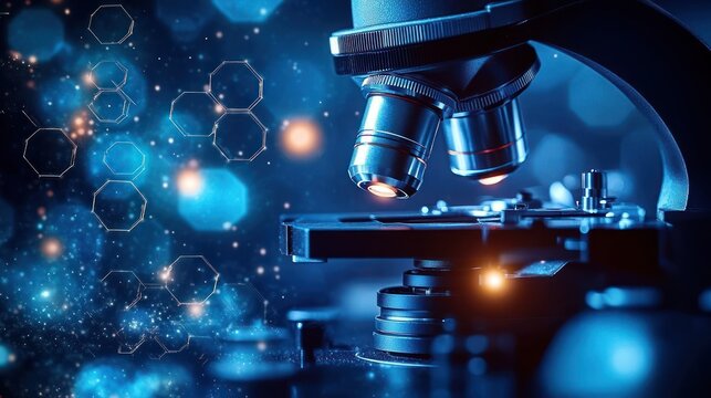 close-up of a microscope objective over a slide with glowing blue bokeh and hexagonal molecular graphics, evoking scientific discovery and curiosity