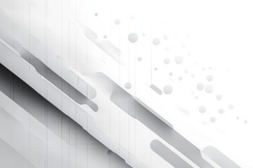 minimalist white and gray abstract composition of diagonal layered panels with rounded cutouts and scattered circular dots, sleek calm futuristic mood