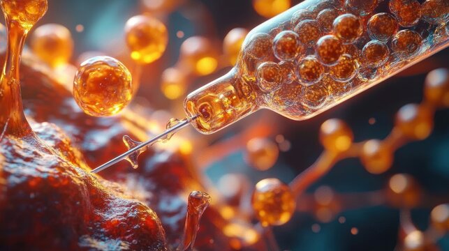 Close-up of glass syringe needle injecting glowing amber nanoparticles and droplets into a textured cell surface, intense futuristic scientific scene