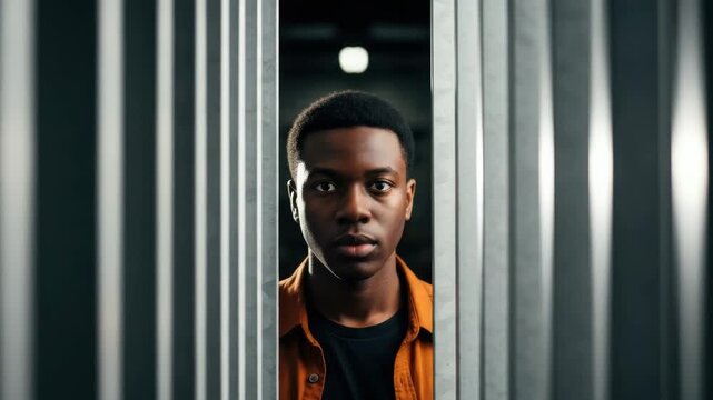 A dramatic portrait series of a young adult black man looking intensely from behind vertical bars. Conceptual cinematic sequence representing surveillance, confinement or observation
