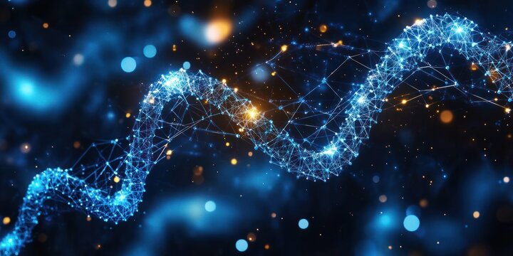 Glowing blue helix of interconnected nodes and lines with orange sparks and floating bokeh lights, a dynamic futuristic network evoking energy, connectivity and discovery