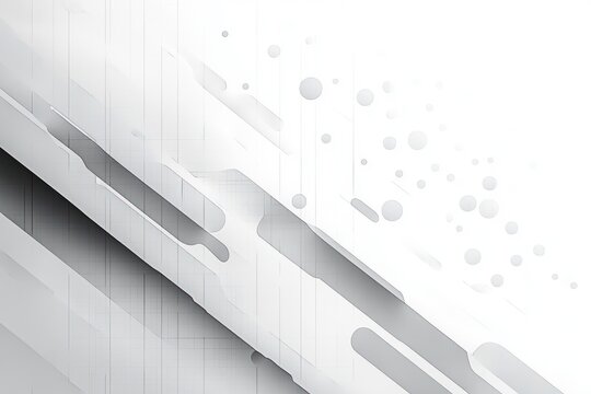 minimalist white and gray abstract composition of diagonal layered panels with rounded cutouts and scattered circular dots, sleek calm futuristic mood - Powered by Adobe