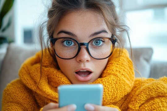 person in oversized chunky mustard yellow sweater on a sofa using a light blue smartphone with earbuds, relaxed and focused in a cozy indoor setting - Powered by Adobe