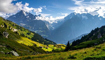 A sunny, green valley stretches towards towering, snow-capped peaks, dotted with trees, houses, and clouds