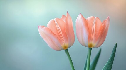 Fototapeta premium two delicate peach tulips with soft green stems and a single leaf against a pastel blurred background, evoking calm tenderness and gentle spring serenity
