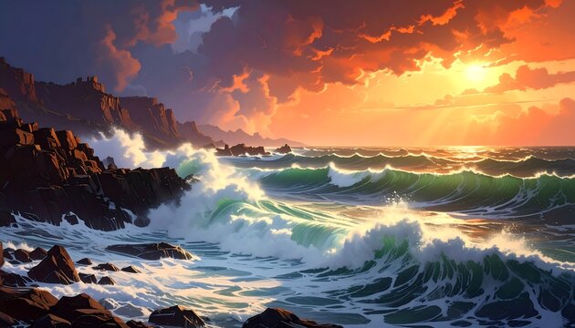 Digital painting of a dramatic sunset over a coastline, with crashing waves against rocky cliffs and radiant sunlight