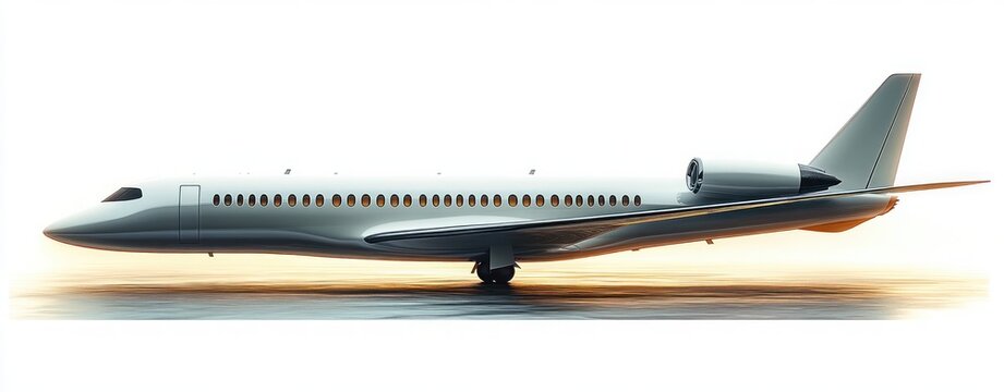 sleek private jet parked on wet runway at sunrise with warm glowing reflection and a serene poised silhouette
