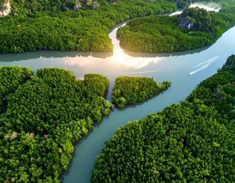 Aerial view of a river winding through lush green trees, with sun glare, and a small boat moving along the river