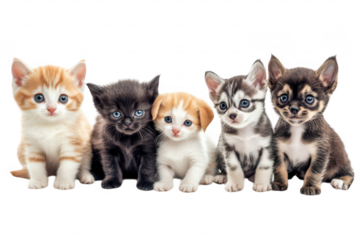 A charming group of five adorable kittens of various breeds and colors. sitting together in a bright. clean setting. their playful personalities and inviting viewers to enjoy their cuteness