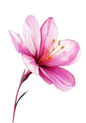 Naklejka premium Watercolor painting of a pink flower with delicate petals and a slender stem, isolated on transparent background, showcasing the beauty of nature in a simple design