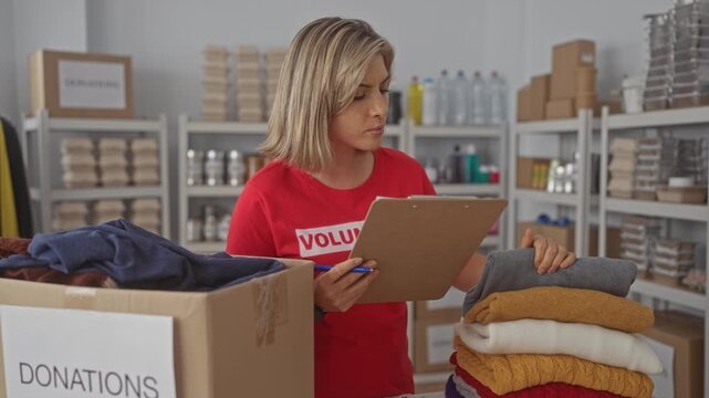 Woman holds clipboard and pen over a stack of donated clothes next to a donations box inside building; compassion.
