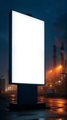 Dramatic Industrial Night Scene with Blank White Billboard for B2B Advertising HD Background