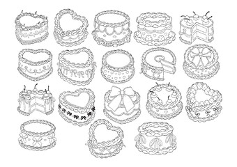 Hand Drawn Vintage Cake Collection Outline Vector, Hand Drawn Valentine Vintage Cake Line Art Doodle, Coquette Vintage Birthday Cakes Coloring Page Hand Drawn Design