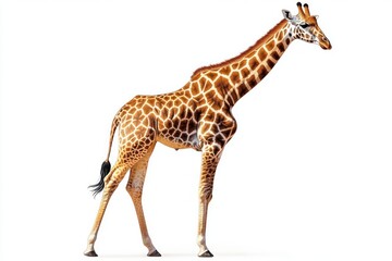 Fototapeta premium calm graceful giraffe standing in profile on a white background showing long neck and patterned coat