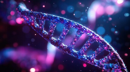 Glowing crystalline DNA double helix twisting through neon blue and purple space with sparkling particles, evoking futuristic wonder and scientific awe