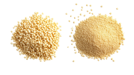 Natural millet grains with millet powder overhead side by side on transparent background