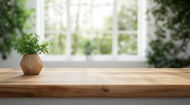 small geometric wooden planter holding a fresh green herb on a warm wood countertop by a bright blurred window, calm and serene natural light